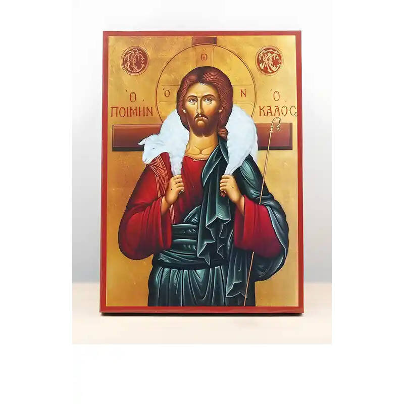 Εικόνα Ορθοδοξίας με περίγραμμα χρυσό σε ξύλο Φλαμουρίας  με  βάση Ιησούς Χριστός ο καλός Ποιμένας, Ξύλινη Χειροποίητη Εικόνα Ελληνικού Premium Βυζαντινού Στυλ Κρεμασμένο σε ξύλινη πλάκα Θρησκευτικό θέμα Χειροποίητη Ελληνορθόδοξη εικόνα του Ιησού Χριστού, Κρεμαστή πλάκα βυζαντινής τέχνης, χριστιανική τέχνη Διάσταση 26x20 cm (10,2 x 7,9 ίντσες)  INTRAEK-22611077