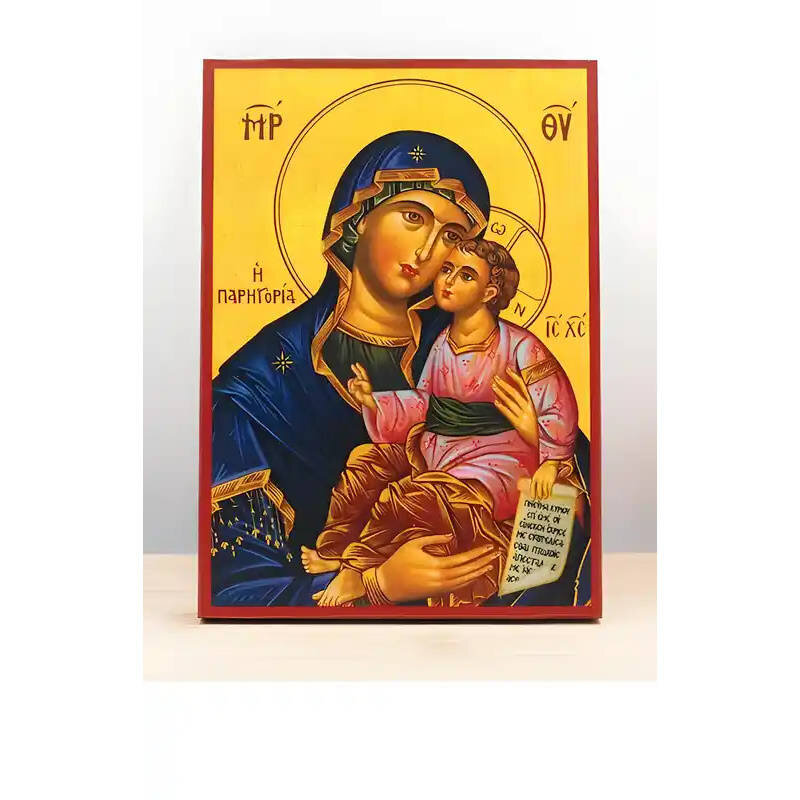 Εικόνα Ορθοδοξίας με περίγραμμα χρυσό σε ξύλο Φλαμουρίας  με  βάση Παναγία Γλυκό φιλί την Παρηγοριά με τον Ιησού, Ξύλινη Χειροποίητη Εικόνα Ελληνικού Βυζαντινού Στυλ υψηλών προδιαγραφών τοίχου Κρεμασμένη σε ξύλινη πλάκα Χειροποίητη Ελληνορθόδοξη εικόνα του Ιησού Χριστού, Κρεμαστή πλάκα βυζαντινής τέχνης, χριστιανική τέχνη Διάσταση 40x30 cm (15,8 x 11,8 ίντσες)  INTRAEK-2111075