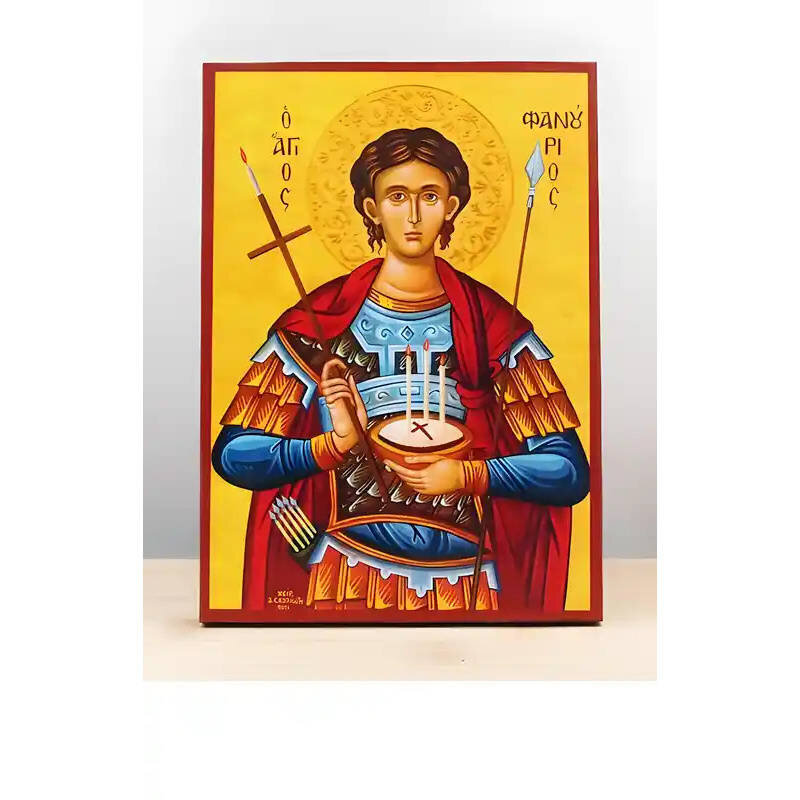 Εικόνα Ορθοδοξίας με περίγραμμα χρυσό σε ξύλο Φλαμουρίας  με  βάση Ο Άγιος Φανούριος κρατά τη Φανουρόπιτα “Lost and Found Cake”, Ξύλινη Χειροποίητη Εικόνα Ελληνικής Premium Βυζαντινού Στυλ Κρεμασμένη σε ξύλινη πλάκα Χειροποίητη Ελληνορθόδοξη εικόνα του Ιησού Χριστού, Κρεμαστή πλάκα βυζαντινής τέχνης, χριστιανική τέχνη Διάσταση 10x7 cm (3,9 x 2,8 ίντσες)  INTRAEK-11074