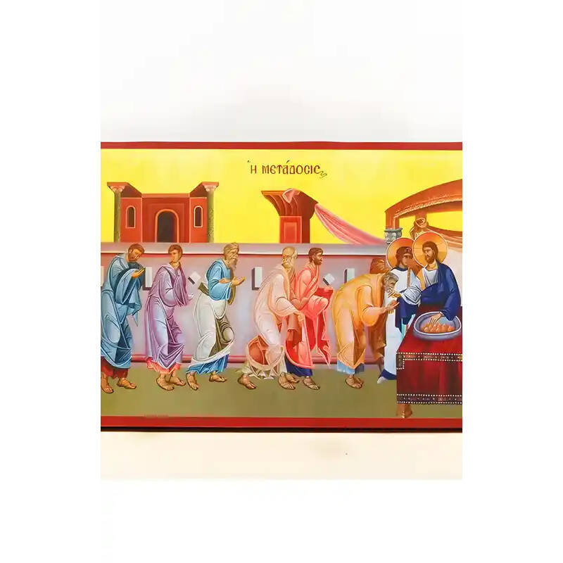 Εικόνα Ορθοδοξίας με περίγραμμα χρυσό σε ξύλο Φλαμουρίας  με  βάση Ευχαριστιακή Κοινωνία του Σώματος του Ιησού Χριστού Μεταδόση, Ξύλινη Χειροποίητη Εικόνα Ελληνικής Premium Βυζαντινής τεχνοτροπίας Κρεμασμένη σε ξύλινη πλάκα Χειροποίητη Ελληνορθόδοξη εικόνα του Ιησού Χριστού, Κρεμαστή πλάκα βυζαντινής τέχνης, χριστιανική τέχνη Διάσταση 40x30 cm (15,8 x 11,8 ίντσες)  INTRAEK-2111073