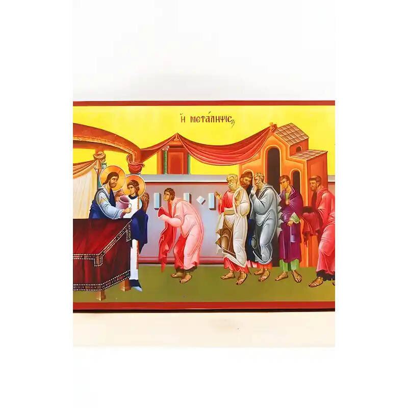 Εικόνα Ορθοδοξίας με περίγραμμα χρυσό σε ξύλο Φλαμουρίας  με  βάση Ευχαριστιακή Κοινωνία του Αίματος του Ιησού Χριστού Μετάληψη, Ξύλινη Χειροποίητη Εικόνα Ελληνικής Premium Βυζαντινής τεχνοτροπίας Κρεμασμένη σε ξύλινη πλάκα Χειροποίητη Ελληνορθόδοξη εικόνα του Ιησού Χριστού, Κρεμαστή πλάκα βυζαντινής τέχνης, χριστιανική τέχνη 45x35 cm (17,7 x 13,8 ίντσες)  INTRAEK-342111072