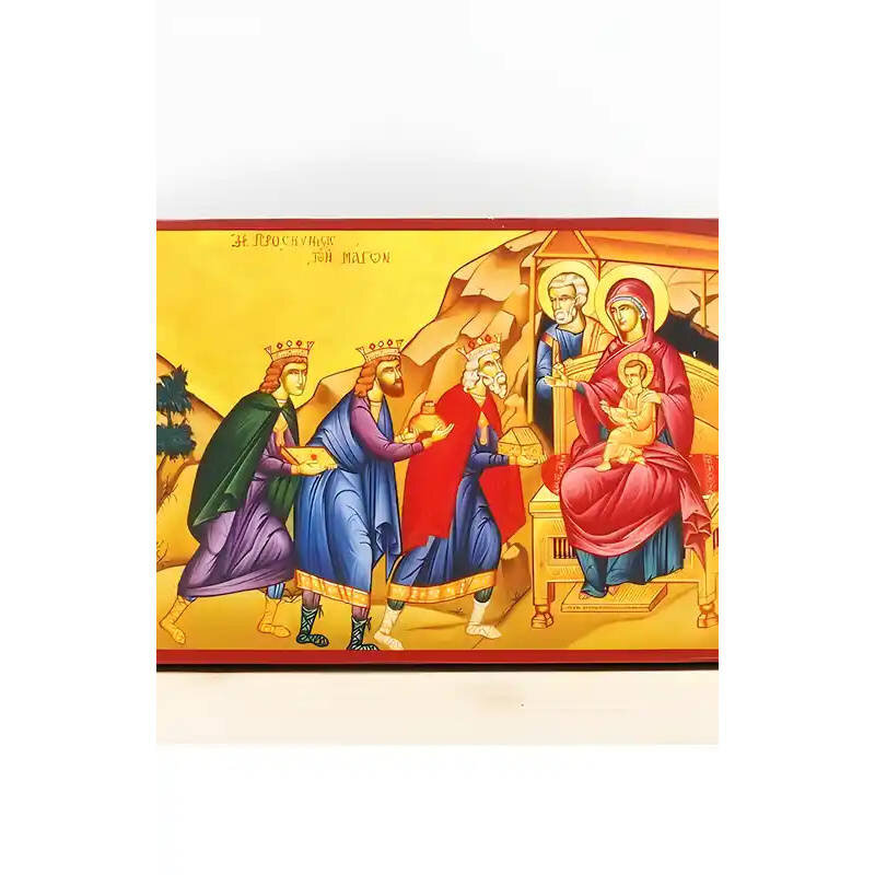 Εικόνα Ορθοδοξίας με περίγραμμα χρυσό σε ξύλο Φλαμουρίας  με  βάση Ο Ιησούς Χριστός Προσκύνηση των Μάγων, Ξύλινη Χειροποίητη Εικόνα Ελληνικής Premium Βυζαντινού Στυλ τοίχου Κρεμασμένη σε ξύλινη πλάκα Ορθόδοξο θρησκευτικό θέμα Χειροποίητη Ελληνορθόδοξη εικόνα του Ιησού Χριστού, Κρεμαστή πλάκα βυζαντινής τέχνης, χριστιανική τέχνη 45x35 cm (17,7 x 13,8 ίντσες)  INTRAEK-342111071