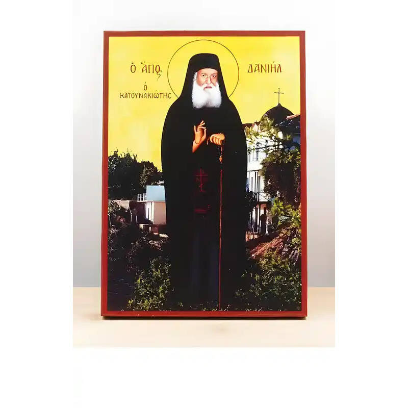 Εικόνα Ορθοδοξίας με περίγραμμα χρυσό σε ξύλο Φλαμουρίας  με  βάση Άγιος Δανιήλ Κατουνακιώτης Σμύρνης, Ξύλινη Χειροποίητη Εικόνα Ελληνικού Βυζαντινού Στυλ Κρεμαστή σε ξύλινη πλάκα Θρησκευτικό Θέμα Χειροποίητη Ελληνορθόδοξη εικόνα του Ιησού Χριστού, Κρεμαστή πλάκα βυζαντινής τέχνης, χριστιανική τέχνη Δίασταση 50x40 cm (19,7 x 15,8)  INTRAEK-11342111068