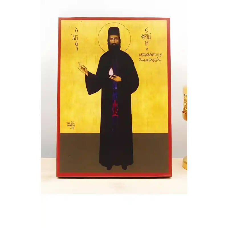 Εικόνα Ορθοδοξίας με περίγραμμα χρυσό σε ξύλο Φλαμουρίας  με  βάση Άγιος Εφραίμ Νέας Μάκρης ο Νεομάρτυς Ολόσωμος, Ξύλινη Χειροποίητη Εικόνα Ελληνικής Βυζαντινής Τεχνοτροπίας Κρεμαστή σε ξύλινη πλάκα Χειροποίητη Ελληνορθόδοξη εικόνα του Ιησού Χριστού, Κρεμαστή πλάκα βυζαντινής τέχνης, χριστιανική τέχνη Δίασταση 50x40 cm (19,7 x 15,8)  INTRAEK-11342111067