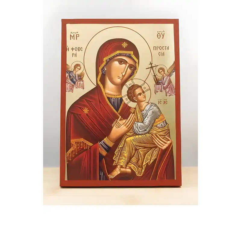 Εικόνα Ορθοδοξίας με περίγραμμα χρυσό σε ξύλο Φλαμουρίας  με  βάση Παναγία Φοβερό Προστασία "Φοβερά Προστασία" με Ιησού, Ξύλινη Χειροποίητη Εικόνα με  Ψηφιακή Εκτύπωση Ελληνικό Premium Βυζαντινό Στυλ επιτοίχια Χειροποίητη Ελληνορθόδοξη εικόνα του Ιησού Χριστού, Κρεμαστή πλάκα βυζαντινής τέχνης, χριστιανική τέχνη Διάσταση 40x30 cm (15,8 x 11,8 ίντσες)  INTRAEK-2111065