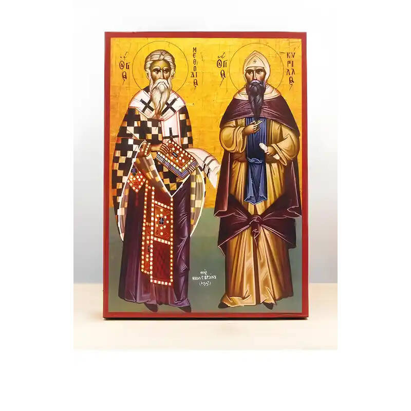 Εικόνα Ορθοδοξίας με περίγραμμα χρυσό σε ξύλο Φλαμουρίας  με  βάση Άγιοι Κύριλλος και Μεθόδιος, Ξύλινη Χειροποίητη Εικόνα Ελληνικού Βυζαντινού Στυλ Κρεμαστή σε ξύλινη πλάκα Χειροποίητη Ελληνορθόδοξη εικόνα του Ιησού Χριστού, Κρεμαστή πλάκα βυζαντινής τέχνης, χριστιανική τέχνη Διάσταση 10x7 cm (3,9 x 2,8 ίντσες)  INTRAEK-11056