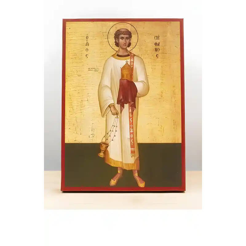 Εικόνα Ορθοδοξίας με περίγραμμα χρυσό σε ξύλο Φλαμουρίας  με  βάση Άγιος Στέφανος ο Πρωτομάρτυς, Ξύλινη Χειροποίητη Εικόνα Ελληνικού Βυζαντινού Στυλ Κρεμαστή σε ξύλινη πλάκα Θρησκευτικό θέμα Χειροποίητη Ελληνορθόδοξη εικόνα του Ιησού Χριστού, Κρεμαστή πλάκα βυζαντινής τέχνης, χριστιανική τέχνη Διάσταση 10x7 cm (3,9 x 2,8 ίντσες)  INTRAEK-11055