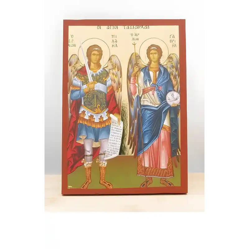 Εικόνα Ορθοδοξίας με περίγραμμα χρυσό σε ξύλο Φλαμουρίας  με  βάση Αρχάγγελοι Μιχαήλ και Γαβριήλ «Ταξιάρχες», Ξύλινη Χειροποίητη Εικόνα μεΨηφιακή Εκτύπωση Ελληνικής Βυζαντινής τεχνοτροπίας Κρεμασμένη σε ξύλινη πλάκα Χειροποίητη Ελληνορθόδοξη εικόνα του Ιησού Χριστού, Κρεμαστή πλάκα βυζαντινής τέχνης, χριστιανική τέχνη Διάσταση 10x7 cm (3,9 x 2,8 ίντσες)  INTRAEK-11052