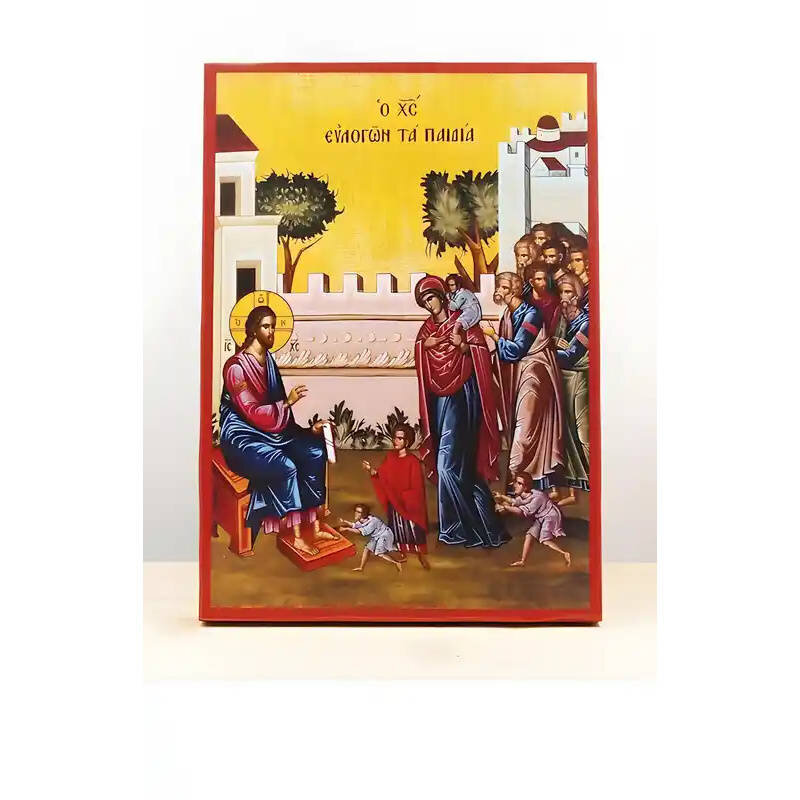 Εικόνα Ορθοδοξίας με περίγραμμα χρυσό σε ξύλο Φλαμουρίας  με  βάση Ο Ιησούς Χριστός Ευλογεί τα Παιδιά, Ξύλινη Χειροποίητη Εικόνα Ελληνικού Premium Βυζαντινού Στυλ Κρεμασμένο σε ξύλινη πλάκα Ορθόδοξο Θρησκευτικό Θέμα Χειροποίητη Ελληνορθόδοξη εικόνα του Ιησού Χριστού, Κρεμαστή πλάκα βυζαντινής τέχνης, χριστιανική τέχνη Δίασταση 50x40 cm (19,7 x 15,8)  INTRAEK-11342111051