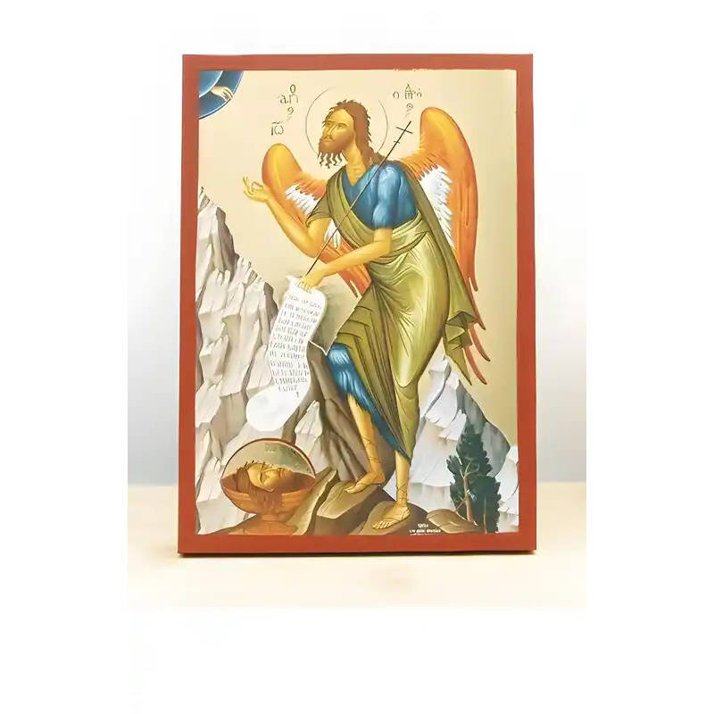Εικόνα Ορθοδοξίας με περίγραμμα χρυσό σε ξύλο Φλαμουρίας  με  βάση Άγιος Ιωάννης ο Βαπτιστής Άγγελος της Ερήμου, Ξύλινη Χειροποίητη Εικόνα με Ψηφιακή Εκτύπωση Ελληνικό Premium Βυζαντινού Στυλ Κρεμαστό στον τοίχο θρησκευτικό θέμα Χειροποίητη Ελληνορθόδοξη εικόνα του Ιησού Χριστού, Κρεμαστή πλάκα βυζαντινής τέχνης, χριστιανική τέχνη Διάσταση 26x20 cm (10,2 x 7,9 ίντσες)  INTRAEK-22611047
