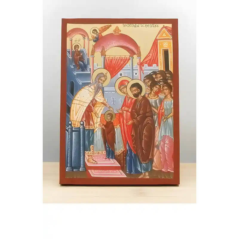 Εικόνα Ορθοδοξίας με περίγραμμα χρυσό σε ξύλο Φλαμουρίας  με  βάση Η είσοδος της Παναγίας στο Ναό, Ξύλινη Χειροποίητη Εικόνα με Φύλλο Χρυσού Ελληνικού Premium Βυζαντινού Στυλ Κρεμαστό τοίχου Θρησκευτικό Θέμα Χειροποίητη Ελληνορθόδοξη εικόνα του Ιησού Χριστού, Κρεμαστή πλάκα βυζαντινής τέχνης, χριστιανική τέχνη Δίασταση 50x40 cm (19,7 x 15,8)  INTRAEK-11342111046