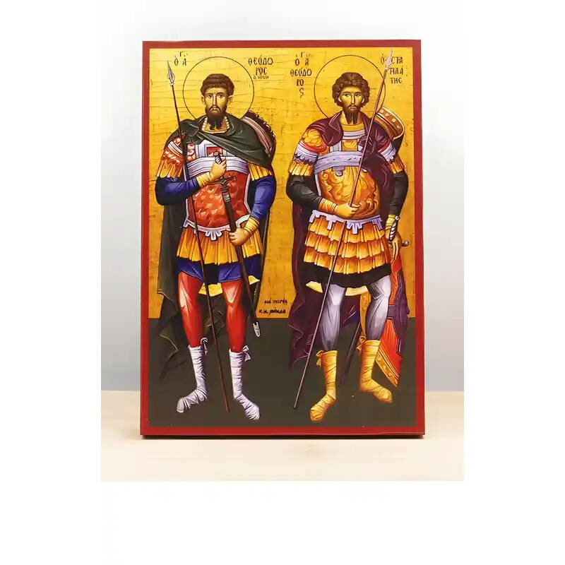 Εικόνα Ορθοδοξίας με περίγραμμα χρυσό σε ξύλο Φλαμουρίας  με  βάση Άγιοι Θεόδωρος Στρατηλάτης και Τήρων, Ξύλινη Χειροποίητη Εικόνα Ελληνικού Βυζαντινού Στυλ Κρεμαστή σε ξύλινη πλάκα Χειροποίητη Ελληνορθόδοξη εικόνα του Ιησού Χριστού, Κρεμαστή πλάκα βυζαντινής τέχνης, χριστιανική τέχνη Δίασταση 50x40 cm (19,7 x 15,8)  INTRAEK-11342111045