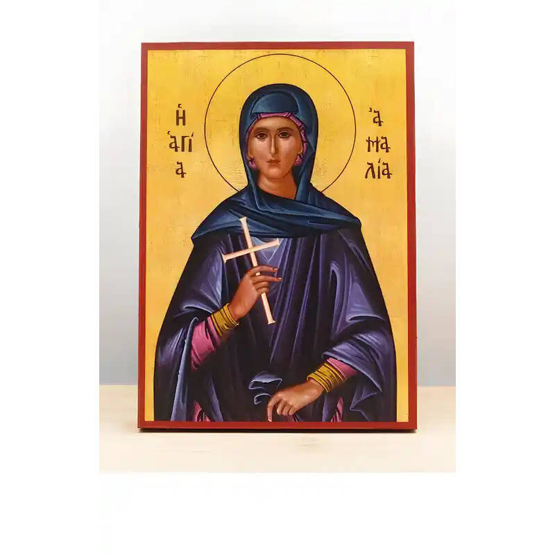 Εικόνα Ορθοδοξίας με περίγραμμα χρυσό σε ξύλο Φλαμουρίας  με  βάση Αγία «Αμαλία» Αμαλβέργα του Maubeuge, Ξύλινη Χειροποίητη Εικόνα Ελληνικού Premium Βυζαντινού Στυλ Κρεμαστή σε ξύλινη πλάκα Θρησκευτικό θέμα Χειροποίητη Ελληνορθόδοξη εικόνα του Ιησού Χριστού, Κρεμαστή πλάκα βυζαντινής τέχνης, χριστιανική τέχνη Διάσταση 10x7 cm (3,9 x 2,8 ίντσες)  INTRAEK-11044