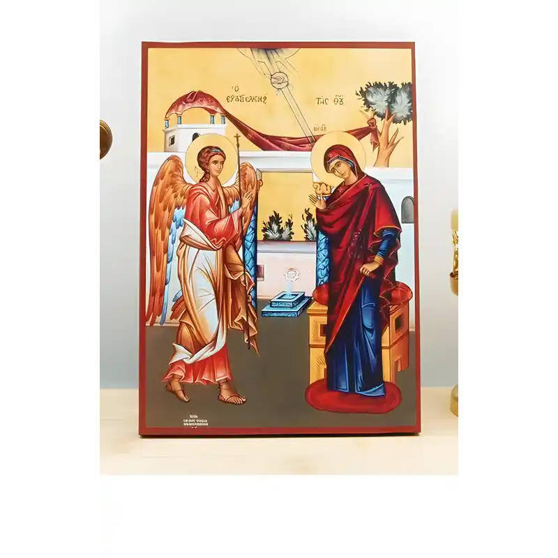 Εικόνα Ορθοδοξίας με περίγραμμα χρυσό σε ξύλο Φλαμουρίας  με  βάση Ο Ευαγγελισμός της Θεοτόκου, Ξύλινη Χειροποίητη Εικόνα Ελληνικού Premium Βυζαντινού Στυλ Κρεμαστή σε ξύλινη πλάκα Θρησκευτικό θέμα Χειροποίητη Ελληνορθόδοξη εικόνα του Ιησού Χριστού, Κρεμαστή πλάκα βυζαντινής τέχνης, χριστιανική τέχνη Δίασταση 50x40 cm (19,7 x 15,8)  INTRAEK-11342111039