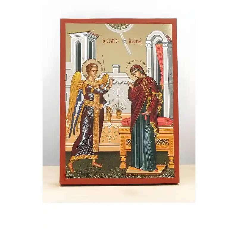 Εικόνα Ορθοδοξίας με περίγραμμα χρυσό σε ξύλο Φλαμουρίας  με  βάση Ευαγγελισμός της Θεοτόκου, Ξύλινη Χειροποίητη Εικόνα με Ψηφιακή Εκτύπωση Ελληνικό Premium Βυζαντινού Στυλ Κρεμαστό στον τοίχο Θρησκευτικό Θέμα Χειροποίητη Ελληνορθόδοξη εικόνα του Ιησού Χριστού, Κρεμαστή πλάκα βυζαντινής τέχνης, χριστιανική τέχνη Διάσταση 26x20 cm (10,2 x 7,9 ίντσες)  INTRAEK-22611038