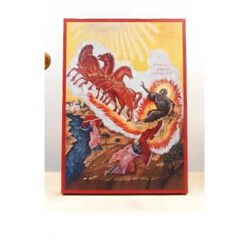 Εικόνα Ορθοδοξίας με περίγραμμα χρυσό σε ξύλο Φλαμουρίας  με  βάση Άγιος Προφήτης Ηλίας ή Ηλίας Ανάληψη στους Ουρανούς, Ξύλινη Χειροποίητη Εικόνα Ελληνικού Βυζαντινού Στυλ τοίχου Κρεμασμένη σε ξύλινη πλάκα Χειροποίητη Ελληνορθόδοξη εικόνα του Ιησού Χριστού, Κρεμαστή πλάκα βυζαντινής τέχνης, χριστιανική τέχνη Διάσταση 40x30 cm (15,8 x 11,8 ίντσες)  INTRAEK-2111037 - Image 1