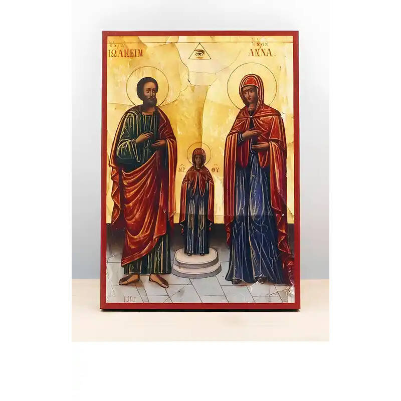 Εικόνα Ορθοδοξίας με περίγραμμα χρυσό σε ξύλο Φλαμουρίας  με  βάση Οι Άγιοι Ιωακείμ και Άννα με την κόρη τους την Παναγία, Ξύλινη Χειροποίητη Εικόνα Ελληνικής Βυζαντινής Στυλ Κρεμαστή σε Τοίχο Ηλικιωμένο Χειροποίητη Ελληνορθόδοξη εικόνα του Ιησού Χριστού, Κρεμαστή πλάκα βυζαντινής τέχνης, χριστιανική τέχνη Διάσταση 26x20 cm (10,2 x 7,9 ίντσες)  INTRAEK-22611031