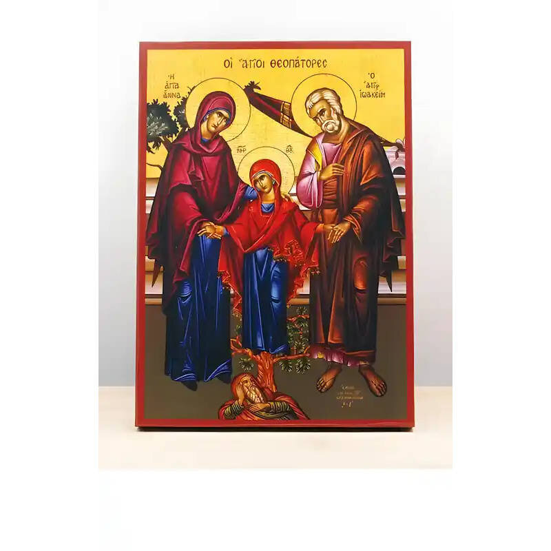 Εικόνα Ορθοδοξίας με περίγραμμα χρυσό σε ξύλο Φλαμουρίας  με  βάση Οι Άγιοι Ιωακείμ και Άννα με την κόρη τους την Παναγία, Ξύλινη Χειροποίητη Εικόνα Ελληνικού Βυζαντινού Στυλ Κρεμασμένη σε Πλάκα Χειροποίητη Ελληνορθόδοξη εικόνα του Ιησού Χριστού, Κρεμαστή πλάκα βυζαντινής τέχνης, χριστιανική τέχνη Διάσταση 40x30 cm (15,8 x 11,8 ίντσες)  INTRAEK-2111030