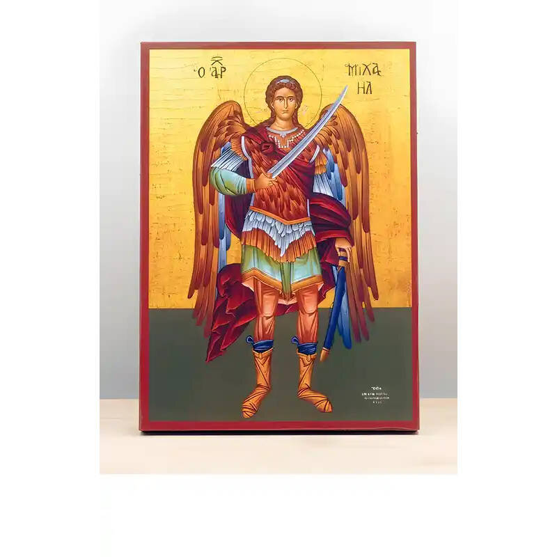 Εικόνα Ορθοδοξίας με περίγραμμα χρυσό σε ξύλο Φλαμουρίας  με  βάση Αρχάγγελος Μιχαήλ Fullbody, Ξύλινη Χειροποίητη Εικόνα Ελληνικού Premium Βυζαντινού Στυλ Κρεμαστή σε ξύλινη πλάκα Θρησκευτικό θέμα Χειροποίητη Ελληνορθόδοξη εικόνα του Ιησού Χριστού, Κρεμαστή πλάκα βυζαντινής τέχνης, χριστιανική τέχνη Διάσταση 10x7 cm (3,9 x 2,8 ίντσες)  INTRAEK-11028