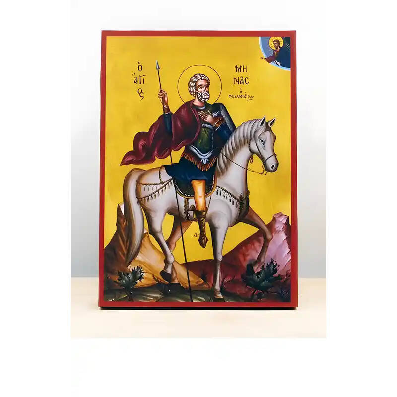 Εικόνα Ορθοδοξίας με περίγραμμα χρυσό σε ξύλο Φλαμουρίας  με  βάση Άγιος Μηνάς της Αιγύπτου έφιππος, Ξύλινη Χειροποίητη Εικόνα Ελληνικής Premium Βυζαντινής τεχνοτροπίας Κρεμασμένη σε ξύλινη πλάκα Χειροποίητη Ελληνορθόδοξη εικόνα του Ιησού Χριστού, Κρεμαστή πλάκα βυζαντινής τέχνης, χριστιανική τέχνη Διάσταση 26x20 cm (10,2 x 7,9 ίντσες)  INTRAEK-22611025