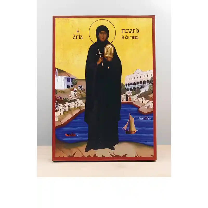 Εικόνα Ορθοδοξίας με περίγραμμα χρυσό σε ξύλο Φλαμουρίας  με  βάση Αγία Πελαγία Τήνου Ολόσωμο, Ξύλινη Χειροποίητη Εικόνα Ελληνικού Βυζαντινού Στυλ Κρεμαστή σε ξύλινη πλάκα Θρησκευτικό Θέμα Χειροποίητη Ελληνορθόδοξη εικόνα του Ιησού Χριστού, Κρεμαστή πλάκα βυζαντινής τέχνης, χριστιανική τέχνη Δίασταση 50x40 cm (19,7 x 15,8)  INTRAEK-11342111023