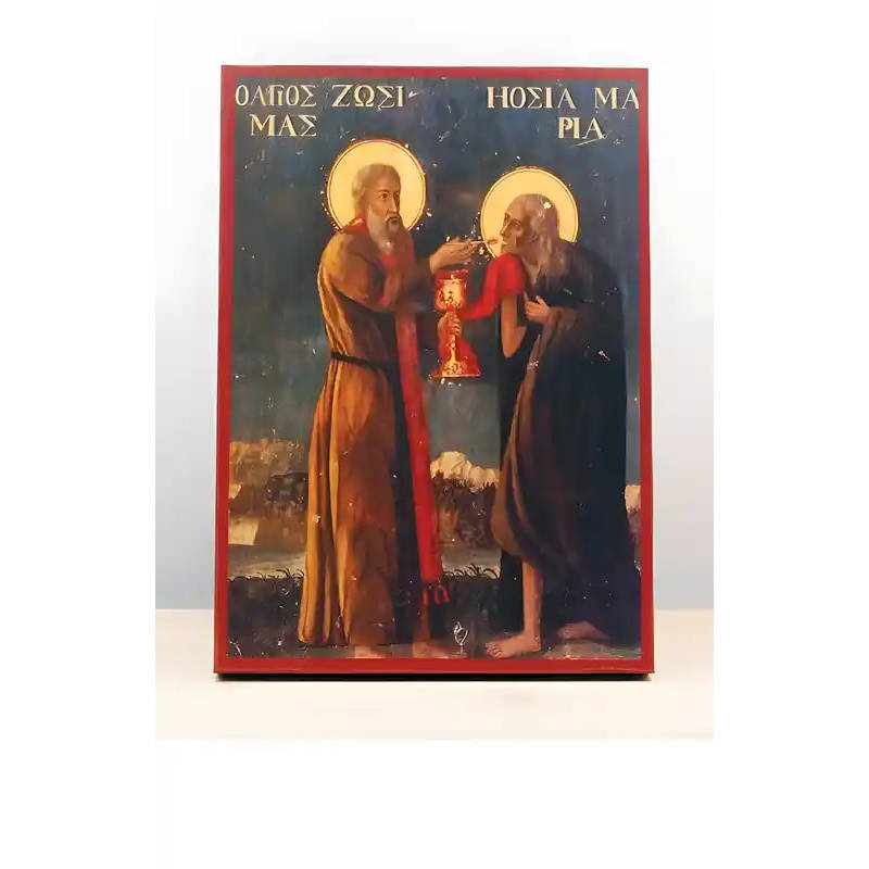 Εικόνα Ορθοδοξίας με περίγραμμα χρυσό σε ξύλο Φλαμουρίας  με  βάση Ο Άγιος Ζωσιμάς Κοινωνεί την Αγία Μαρία την Αιγυπτία, Ξύλινη Χειροποίητη Εικόνα Ελληνικού Βυζαντινού Στυλ Κρεμασμένη σε Ξυλόπλακα Χειροποίητη Ελληνορθόδοξη εικόνα του Ιησού Χριστού, Κρεμαστή πλάκα βυζαντινής τέχνης, χριστιανική τέχνη Διάσταση 26x20 cm (10,2 x 7,9 ίντσες)  INTRAEK-22611022