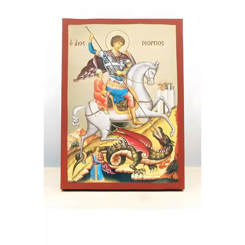 Εικόνα Ορθοδοξίας με περίγραμμα χρυσό σε ξύλο Φλαμουρίας  με  βάση Άγιος Γεώργιος της Λύδας, Ξύλινη Χειροποίητη Εικόνα με Ψηφιακή Εκτύπωση Ελληνικό Premium Βυζαντινού Στυλ Κρεμαστό τοίχου Θρησκευτικό Θέμα Χειροποίητη Ελληνορθόδοξη εικόνα του Ιησού Χριστού, Κρεμαστή πλάκα βυζαντινής τέχνης, χριστιανική τέχνη Διάσταση 26x20 cm (10,2 x 7,9 ίντσες)  INTRAEK-22611021