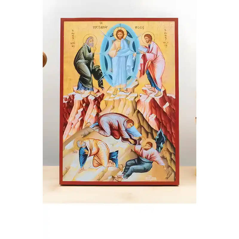 Εικόνα Ορθοδοξίας με περίγραμμα χρυσό σε ξύλο Φλαμουρίας  με  βάση Η Μεταμόρφωση «Μεταμόρφωση» του Ιησού Χριστού, Ξύλινη Χειροποίητη Εικόνα Ελληνικού Premium Βυζαντινού Στυλ Κρεμαστή σε Ξυλόπλακα Θρησκευτικό Χειροποίητη Ελληνορθόδοξη εικόνα του Ιησού Χριστού, Κρεμαστή πλάκα βυζαντινής τέχνης, χριστιανική τέχνη Δίασταση 50x40 cm (19,7 x 15,8)  INTRAEK-11342111019