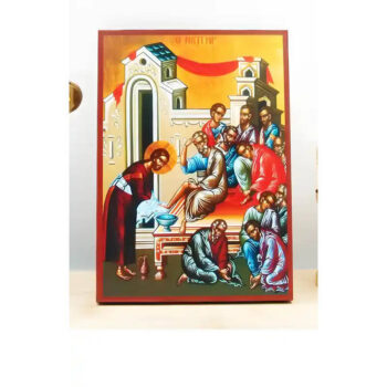 Εικόνα Ορθοδοξίας με περίγραμμα χρυσό σε ξύλο Φλαμουρίας  με  βάση The Washbowl, Ιησούς Χριστός που πλένει τα πόδια των Αποστόλων, Ξύλινη Χειροποίητη Εικόνα Ελληνικού Premium Βυζαντινού Στυλ τοίχου Κρεμασμένη σε ξύλινη πλάκα Θρησκευτικό Χειροποίητη Ελληνορθόδοξη εικόνα του Ιησού Χριστού, Κρεμαστή πλάκα βυζαντινής τέχνης, χριστιανική τέχνη 45x35 cm (17,7 x 13,8 ίντσες)  INTRAEK-342111018 - Image 1