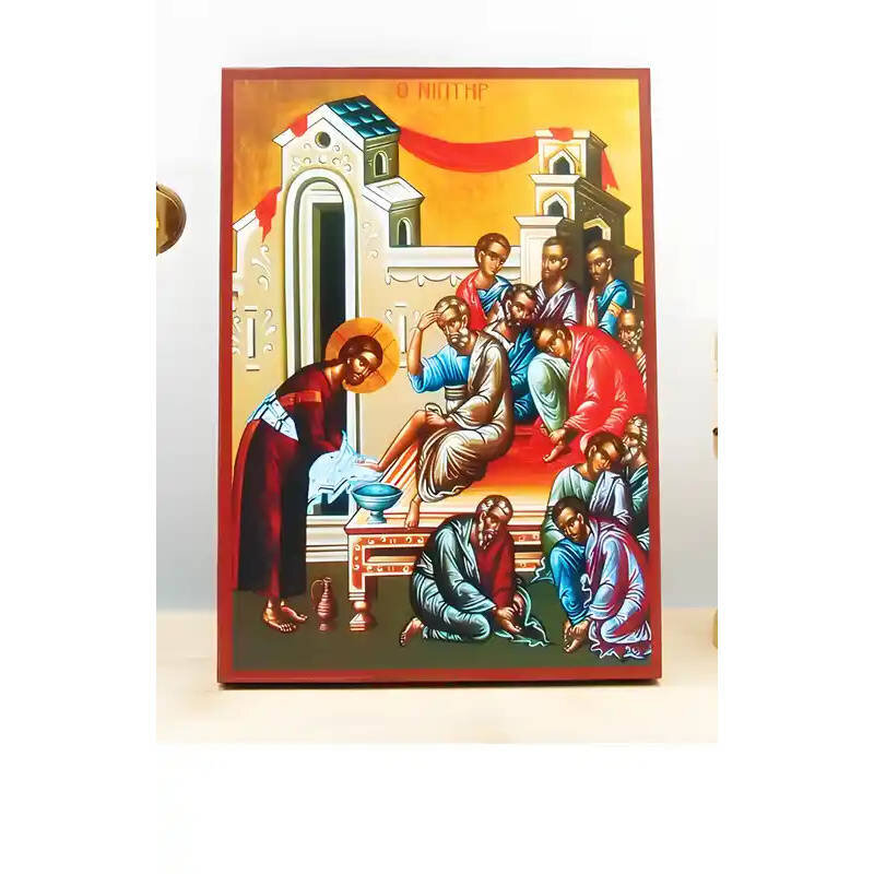 Εικόνα Ορθοδοξίας με περίγραμμα χρυσό σε ξύλο Φλαμουρίας  με  βάση The Washbowl, Ιησούς Χριστός που πλένει τα πόδια των Αποστόλων, Ξύλινη Χειροποίητη Εικόνα Ελληνικού Premium Βυζαντινού Στυλ τοίχου Κρεμασμένη σε ξύλινη πλάκα Θρησκευτικό Χειροποίητη Ελληνορθόδοξη εικόνα του Ιησού Χριστού, Κρεμαστή πλάκα βυζαντινής τέχνης, χριστιανική τέχνη Διάσταση 26x20 cm (10,2 x 7,9 ίντσες)  INTRAEK-22611018