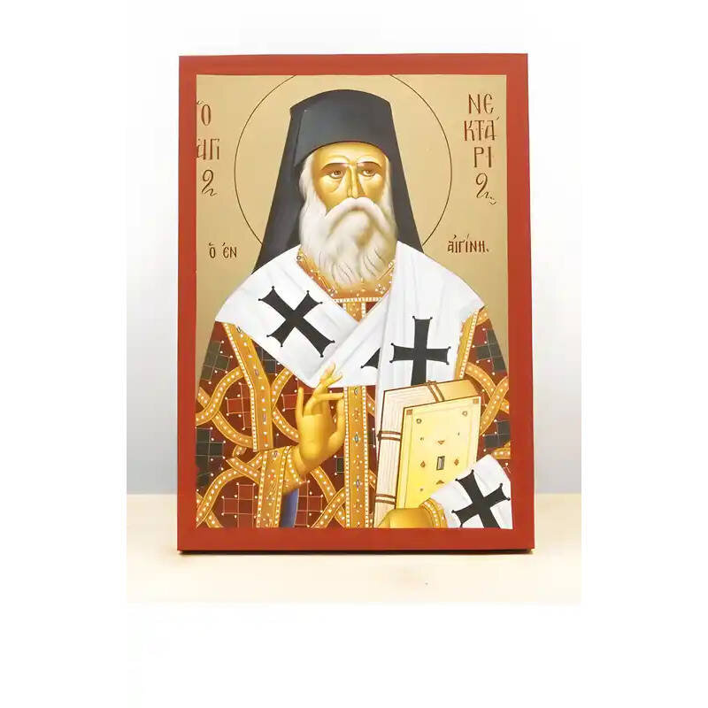 Εικόνα Ορθοδοξίας με περίγραμμα χρυσό σε ξύλο Φλαμουρίας  με  βάση Άγιος Νεκτάριος Αιγίνης, Ξύλινη Χειροποίητη Εικόνα με ψηφιακή εκτύπωση Ελληνικό Premium Βυζαντινού Στυλ Κρεμαστό τοίχου Θρησκευτικό Θέμα Χειροποίητη Ελληνορθόδοξη εικόνα του Ιησού Χριστού, Κρεμαστή πλάκα βυζαντινής τέχνης, χριστιανική τέχνη Διάσταση 15x11 cm (5,9 x 4,3 ίντσες)  INTRAEK-611013