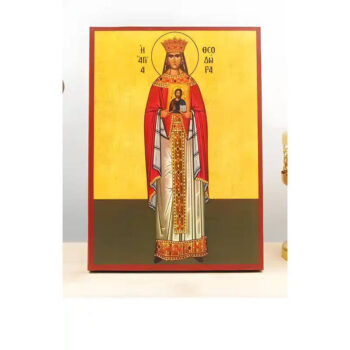 Εικόνα Ορθοδοξίας με περίγραμμα χρυσό σε ξύλο Φλαμουρίας  με  βάση Αγία Θεοδώρα η Αυτοκράτειρα, Ξύλινη Χειροποίητη Εικόνα Ελληνικού Βυζαντινού Στυλ Κρεμαστή σε ξύλινη πλάκα Χειροποίητη Ελληνορθόδοξη εικόνα του Ιησού Χριστού, Κρεμαστή πλάκα βυζαντινής τέχνης, χριστιανική τέχνη 45x35 cm (17,7 x 13,8 ίντσες)  INTRAEK-342111011 - Image 1