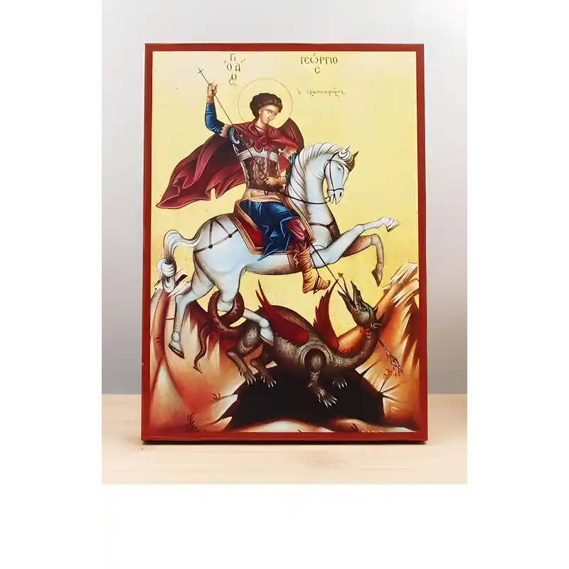Εικόνα Ορθοδοξίας με περίγραμμα χρυσό σε ξύλο Φλαμουρίας  με  βάση Ο Άγιος Γεώργιος και ο Δράκος, Ξύλινη Χειροποίητη Εικόνα Ελληνικού Premium Βυζαντινού Στυλ Κρεμασμένο σε ξύλινη πλάκα Χειροποίητη Ελληνορθόδοξη εικόνα του Ιησού Χριστού, Κρεμαστή πλάκα βυζαντινής τέχνης, χριστιανική τέχνη Διάσταση 10x7 cm (3,9 x 2,8 ίντσες)  INTRAEK-11008