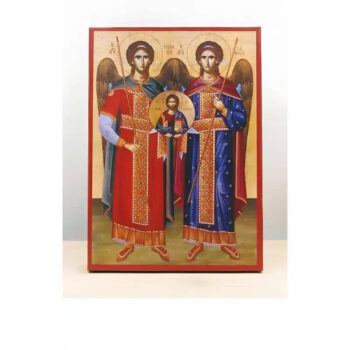 Εικόνα Ορθοδοξίας με περίγραμμα χρυσό σε ξύλο Φλαμουρίας  με  βάση Οι Αρχάγγελοι Μιχαήλ και Γαβριήλ «Ταξιάρξης» με τον Ιησού Χριστό, Ξύλινη Χειροποίητη Εικόνα Ελληνικού Βυζαντινού Στυλ Κρεμαστή σε Ξυλόπλακα Χειροποίητη Ελληνορθόδοξη εικόνα του Ιησού Χριστού, Κρεμαστή πλάκα βυζαντινής τέχνης, χριστιανική τέχνη 45x35 cm (17,7 x 13,8 ίντσες)  INTRAEK-342111006 - Image 1