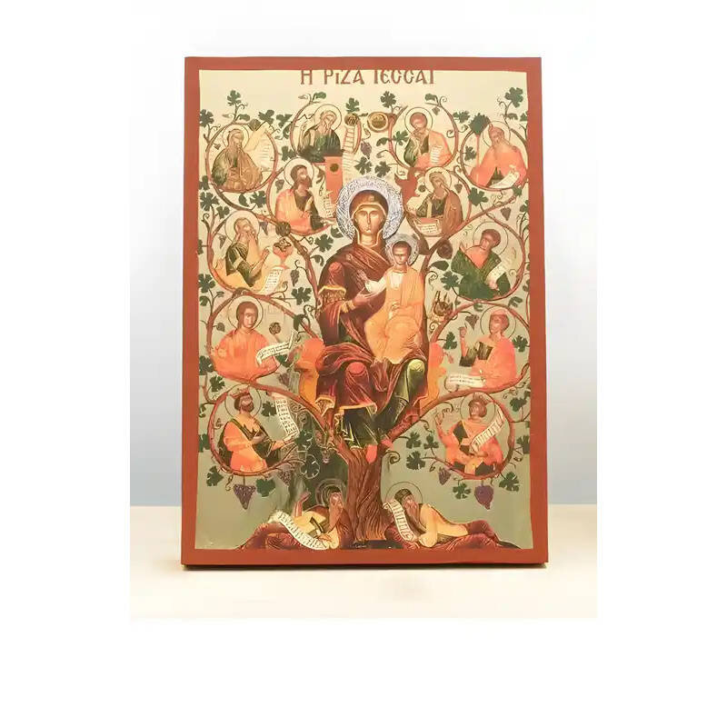 Εικόνα Ορθοδοξίας με περίγραμμα χρυσό σε ξύλο Φλαμουρίας  με  βάση Virgin Mary The Tree of Jesse, Ξύλινη Χειροποίητη Εικόνα μεΨηφιακή Εκτύπωση Ελληνικού Premium Βυζαντινού Στυλ Κρεμασμένο σε ξύλινη πλάκα Χειροποίητη Ελληνορθόδοξη εικόνα του Ιησού Χριστού, Κρεμαστή πλάκα βυζαντινής τέχνης, χριστιανική τέχνη Διάσταση 10x7 cm (3,9 x 2,8 ίντσες)  INTRAEK-11005