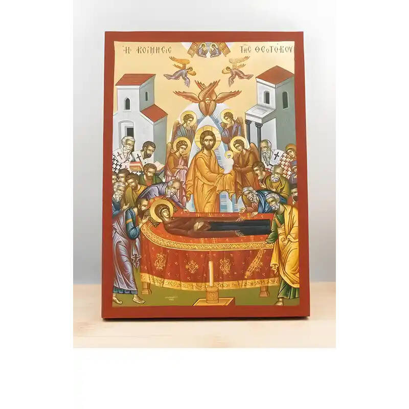 Εικόνα Ορθοδοξίας με περίγραμμα χρυσό σε ξύλο Φλαμουρίας  με  βάση Η Κοίμηση της Θεοτόκου με τον Ιησού, Ξύλινη Χειροποίητη Εικόνα με Ψηφιακή Εκτύπωση Ελληνικό Premium Βυζαντινού Στυλ Κρεμαστό τοίχου Θρησκευτικό Θέμα Χειροποίητη Ελληνορθόδοξη εικόνα του Ιησού Χριστού, Κρεμαστή πλάκα βυζαντινής τέχνης, χριστιανική τέχνη 45x35 cm (17,7 x 13,8 ίντσες)  INTRAEK-342111003