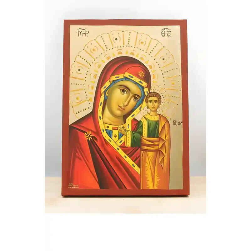 Εικόνα Ορθοδοξίας με περίγραμμα χρυσό σε ξύλο Φλαμουρίας  με  βάση Παναγία του Καζάν με τον Ιησού, Ξύλινη Χειροποίητη Εικόνα με Φύλλο Χρυσού Ελληνικού Premium Βυζαντινού Στυλ Κρεμαστό στον τοίχο Θρησκευτικό θέμα Χειροποίητη Ελληνορθόδοξη εικόνα του Ιησού Χριστού, Κρεμαστή πλάκα βυζαντινής τέχνης, χριστιανική τέχνη 45x35 cm (17,7 x 13,8 ίντσες)  INTRAEK-342111002