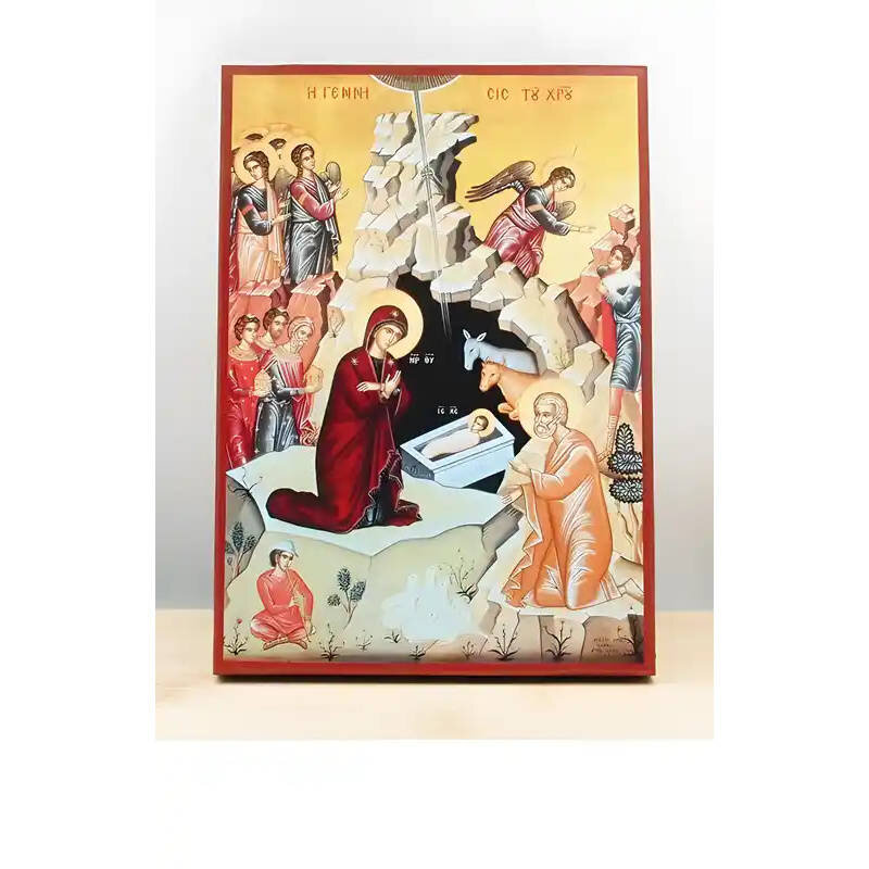 Εικόνα Ορθοδοξίας με περίγραμμα χρυσό σε ξύλο Φλαμουρίας  με  βάση Γένεσις του Ιησού Χριστού, Ξύλινη Χειροποίητη Εικόνα Ελληνικού Premium Βυζαντινού Στυλ Κρεμασμένο σε ξύλινη πλάκα Ορθόδοξο Θρησκευτικό Θέμα Χειροποίητη Ελληνορθόδοξη εικόνα του Ιησού Χριστού, Κρεμαστή πλάκα βυζαντινής τέχνης, χριστιανική τέχνη Διάσταση 26x20 cm (10,2 x 7,9 ίντσες)  INTRAEK-22610995