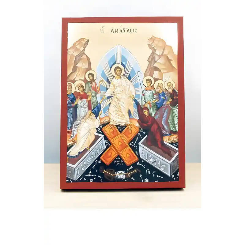 Εικόνα Ορθοδοξίας με περίγραμμα χρυσό σε ξύλο Φλαμουρίας  με  βάση Ανάσταση του Ιησού Χριστού, Ξύλινη Χειροποίητη Εικόνα με Φύλλο Χρυσού Τοίχου Ελληνικού Premium Βυζαντινού Στυλ Κρεμασμένο σε ξύλινη πλάκα Θρησκευτικό Χειροποίητη Ελληνορθόδοξη εικόνα του Ιησού Χριστού, Κρεμαστή πλάκα βυζαντινής τέχνης, χριστιανική τέχνη 45x35 cm (17,7 x 13,8 ίντσες)  INTRAEK-342110993