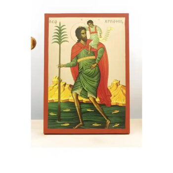 Εικόνα Ορθοδοξίας με περίγραμμα χρυσό σε ξύλο Φλαμουρίας  με  βάση Άγιος Χριστόφορος με τον Ιησού Χριστό, Ξύλινη Χειροποίητη Εικόνα μεΨηφιακή Εκτύπωση Ελληνικό Premium Βυζαντινού Στυλ Κρεμαστό τοίχου Θρησκευτικό Θέμα Χειροποίητη Ελληνορθόδοξη εικόνα του Ιησού Χριστού, Κρεμαστή πλάκα βυζαντινής τέχνης, χριστιανική τέχνη 45x35 cm (17,7 x 13,8 ίντσες)  INTRAEK-342110987 - Image 1