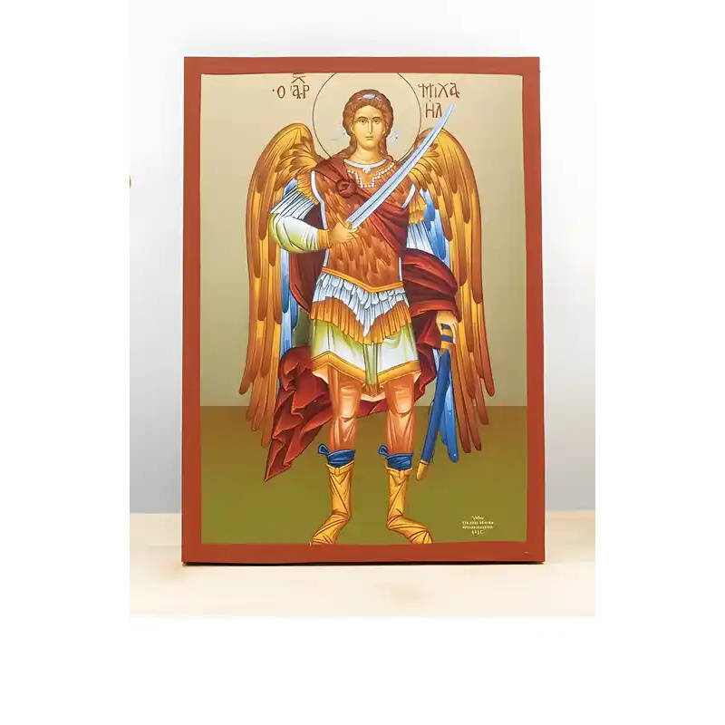 Εικόνα Ορθοδοξίας με περίγραμμα χρυσό σε ξύλο Φλαμουρίας  με  βάση Αρχάγγελος Μιχαήλ Ολόσωμο, Ξύλινη Χειροποίητη Εικόνα μεΨηφιακή Εκτύπωση Ελληνικού Premium Βυζαντινού Στυλ Κρεμασμένο σε ξύλινη πλάκα Χειροποίητη Ελληνορθόδοξη εικόνα του Ιησού Χριστού, Κρεμαστή πλάκα βυζαντινής τέχνης, χριστιανική τέχνη Διάσταση 26x20 cm (10,2 x 7,9 ίντσες)  INTRAEK-22610986