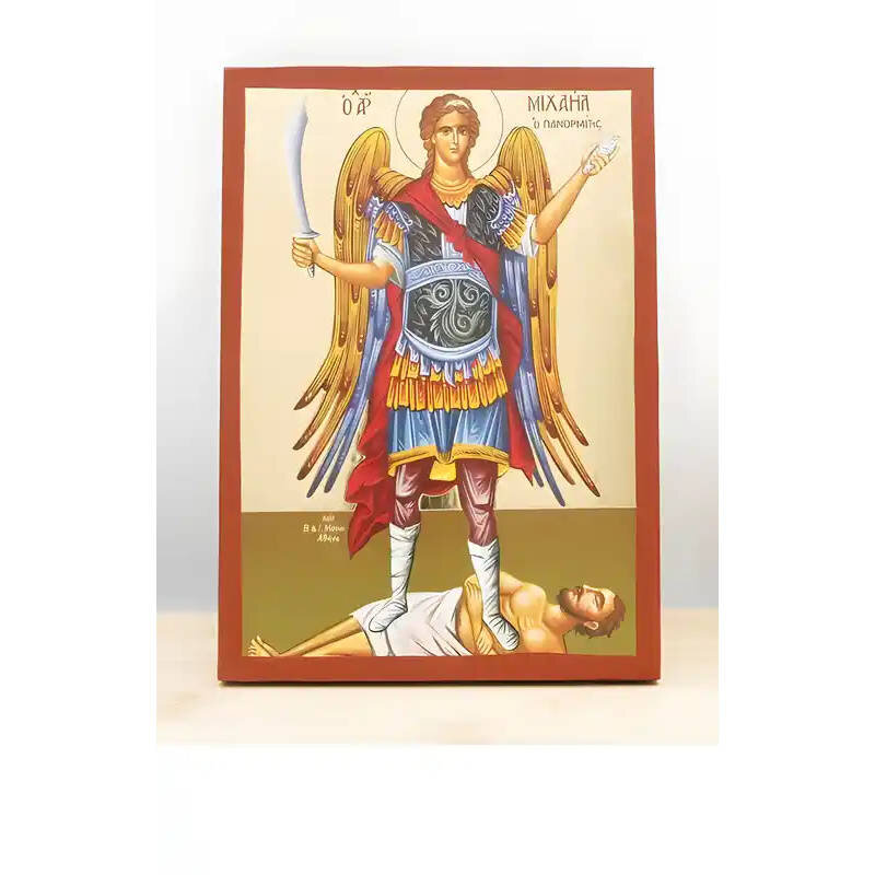 Εικόνα Ορθοδοξίας με περίγραμμα χρυσό σε ξύλο Φλαμουρίας  με  βάση Αρχάγγελος Μιχαήλ Πανορμίτης του Syme Fullbody, Ξύλινη Χειροποίητη Εικόνα μεΨηφιακή Εκτύπωση Ελληνικής Βυζαντινής τεχνοτροπίας Κρεμαστή σε ξύλινη πλάκα Χειροποίητη Ελληνορθόδοξη εικόνα του Ιησού Χριστού, Κρεμαστή πλάκα βυζαντινής τέχνης, χριστιανική τέχνη Διάσταση 26x20 cm (10,2 x 7,9 ίντσες)  INTRAEK-22610985