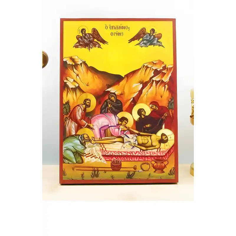 Εικόνα Ορθοδοξίας με περίγραμμα χρυσό σε ξύλο Φλαμουρίας  με  βάση Ιησούς Χριστός Θρενωδία στον τάφο "Επιτάφιος Θρήνος", Ξύλινη Χειροποίητη Εικόνα Ελληνικού Βυζαντινού Στυλ Κρεμαστή σε ξύλινη πλάκα Χειροποίητη Ελληνορθόδοξη εικόνα του Ιησού Χριστού, Κρεμαστή πλάκα βυζαντινής τέχνης, χριστιανική τέχνη Διάσταση 26x20 cm (10,2 x 7,9 ίντσες)  INTRAEK-22610981