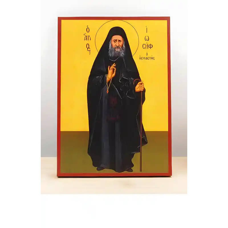 Εικόνα Ορθοδοξίας με περίγραμμα χρυσό σε ξύλο Φλαμουρίας  με  βάση Άγιος Ιωσήφ ο Ησυχαστής Ολόσωμο, Ξύλινη Χειροποίητη Εικόνα Ελληνικού Βυζαντινού Στυλ Κρεμασμένο σε ξύλινη πλάκα Χειροποίητη Ελληνορθόδοξη εικόνα του Ιησού Χριστού, Κρεμαστή πλάκα βυζαντινής τέχνης, χριστιανική τέχνη Διάσταση 26x20 cm (10,2 x 7,9 ίντσες)  INTRAEK-22610980