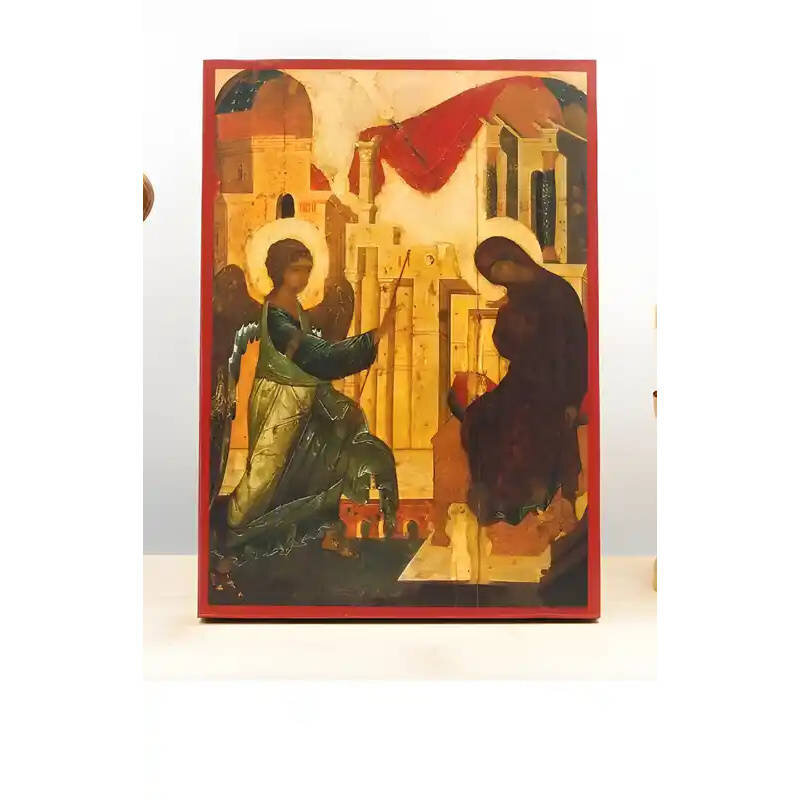 Εικόνα Ορθοδοξίας με περίγραμμα χρυσό σε ξύλο Φλαμουρίας  με  βάση Ο Ευαγγελισμός της Θεοτόκου Παλιάς τεχνοτροπίας, Ξύλινη Χειροποίητη Εικόνα Ελληνικού Premium Βυζαντινού Στυλ Κρεμαστή σε ξύλινη πλάκα Θρησκευτικό θέμα Χειροποίητη Ελληνορθόδοξη εικόνα του Ιησού Χριστού, Κρεμαστή πλάκα βυζαντινής τέχνης, χριστιανική τέχνη Διάσταση 26x20 cm (10,2 x 7,9 ίντσες)  INTRAEK-22610977