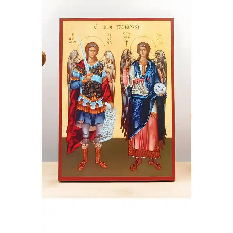 Εικόνα Ορθοδοξίας με περίγραμμα χρυσό σε ξύλο Φλαμουρίας  με  βάση Αρχάγγελοι Μιχαήλ και Γαβριήλ "Ταξιάρχες", Ξύλινη Χειροποίητη Εικόνα Ελληνικού Βυζαντινού Στυλ Κρεμαστή σε Ξύλινη Πλάκα Θρησκευτικό Θέμα Χειροποίητη Ελληνορθόδοξη εικόνα του Ιησού Χριστού, Κρεμαστή πλάκα βυζαντινής τέχνης, χριστιανική τέχνη Διάσταση 10x7 cm (3,9 x 2,8 ίντσες)  INTRAEK-10976