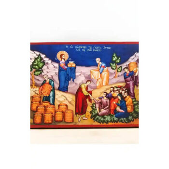 Εικόνα Ορθοδοξίας με περίγραμμα χρυσό σε ξύλο Φλαμουρίας  με  βάση Ο Ιησούς Χριστός Τροφοδοτεί το Πλήθος, Ξύλινη Χειροποίητη Εικόνα Ελληνικού Premium Βυζαντινού Στυλ Τοίχος Κρεμασμένο σε ξύλινη Πλάκα Ορθόδοξο Θρησκευτικό Θέμα Χειροποίητη Ελληνορθόδοξη εικόνα του Ιησού Χριστού, Κρεμαστή πλάκα βυζαντινής τέχνης, χριστιανική τέχνη 45x35 cm (17,7 x 13,8 ίντσες)  INTRAEK-342110974 - Image 1
