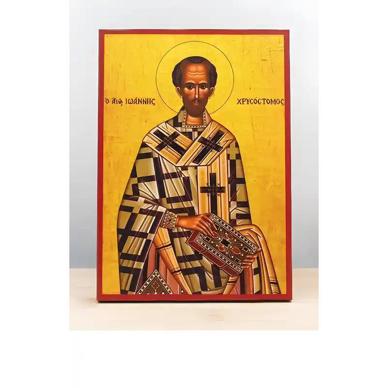 Εικόνα Ορθοδοξίας με περίγραμμα χρυσό σε ξύλο Φλαμουρίας  με  βάση Άγιος Ιωάννης ο Χρυσόστομος, Ξύλινη Χειροποίητη Εικόνα Ελληνικής Premium Βυζαντινού Στυλ Κρεμαστή σε ξύλινη πλάκα Χειροποίητη Ελληνορθόδοξη εικόνα του Ιησού Χριστού, Κρεμαστή πλάκα βυζαντινής τέχνης, χριστιανική τέχνη 45x35 cm (17,7 x 13,8 ίντσες)  INTRAEK-342110973