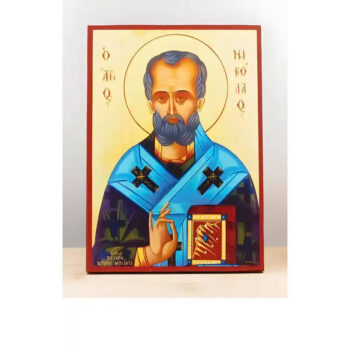 Εικόνα Ορθοδοξίας με περίγραμμα χρυσό σε ξύλο Φλαμουρίας  με  βάση Άγιος Νικόλαος των Μύρων, Ξύλινη Χειροποίητη Εικόνα Ελληνικού Premium Βυζαντινού Στυλ τοίχου Κρεμασμένη σε ξύλινη πλάκα Θρησκευτικό θέμα Μπλε πανί Χειροποίητη Ελληνορθόδοξη εικόνα του Ιησού Χριστού, Κρεμαστή πλάκα βυζαντινής τέχνης, χριστιανική τέχνη 45x35 cm (17,7 x 13,8 ίντσες)  INTRAEK-342110972 - Image 1