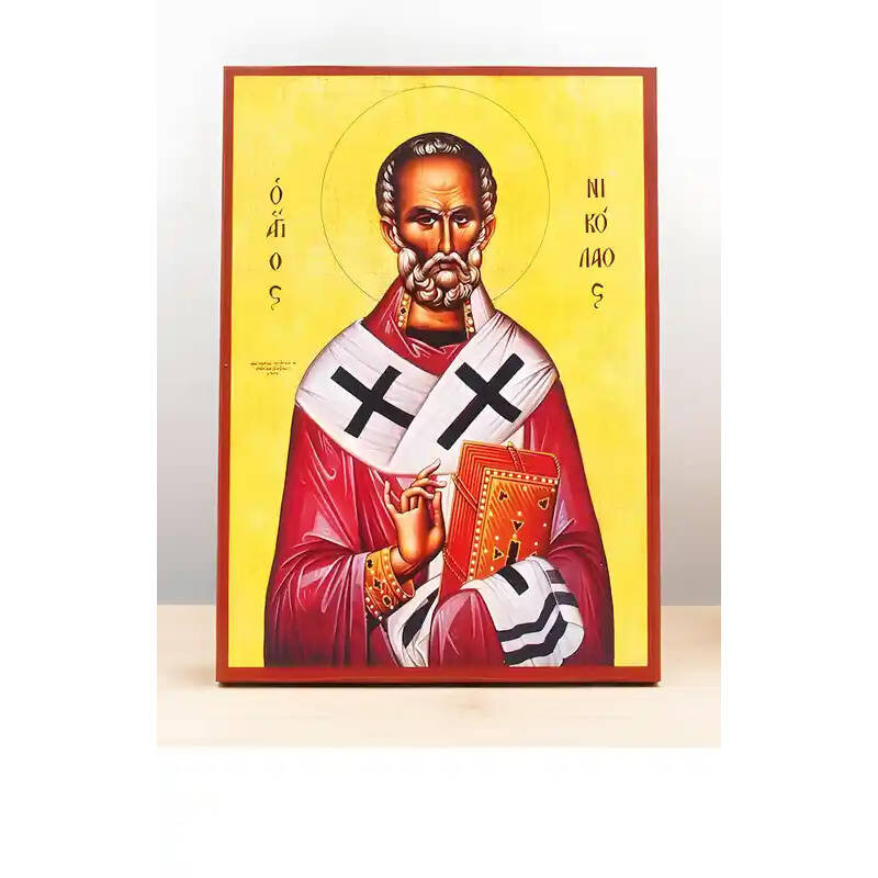 Εικόνα Ορθοδοξίας με περίγραμμα χρυσό σε ξύλο Φλαμουρίας  με  βάση Άγιος Νικόλαος των Μύρων, Ξύλινη Χειροποίητη Εικόνα Ελληνικού Premium Βυζαντινού Στυλ Κρεμασμένο σε ξύλινη πλάκα Θρησκευτικό Κόκκινο Πανί Χειροποίητη Ελληνορθόδοξη εικόνα του Ιησού Χριστού, Κρεμαστή πλάκα βυζαντινής τέχνης, χριστιανική τέχνη Διάσταση 10x7 cm (3,9 x 2,8 ίντσες)  INTRAEK-10971